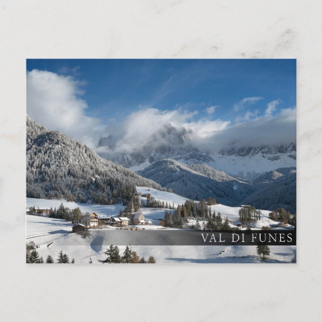 Small village with Dolomites mountains in the snow Postcard (Front)