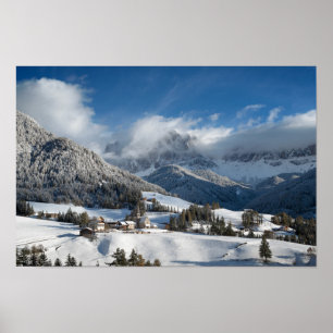 Small village with Dolomites mountains in the snow Poster
