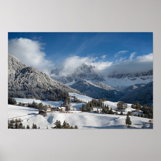 Small village with Dolomites mountains in the snow Poster (Front)
