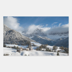 Small village with Dolomites mountains in the snow Rectangular Sticker