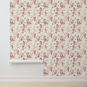 Small Vintage Cupid Angels Floral Red Ivory Toile Wallpaper