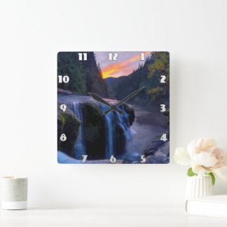 Small Waterfall running down the mountain valley. Square Wall Clock