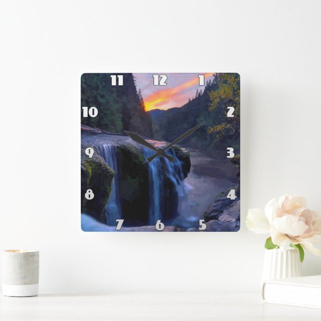 Small Waterfall running  down the mountain valley. Square Wall Clock (Home)