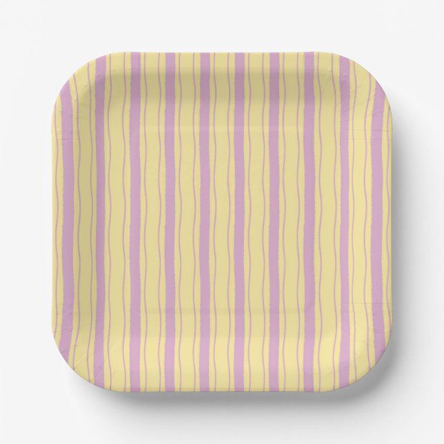 Small Wavy Pink and Yellow Stripes Paper Plate (Front)