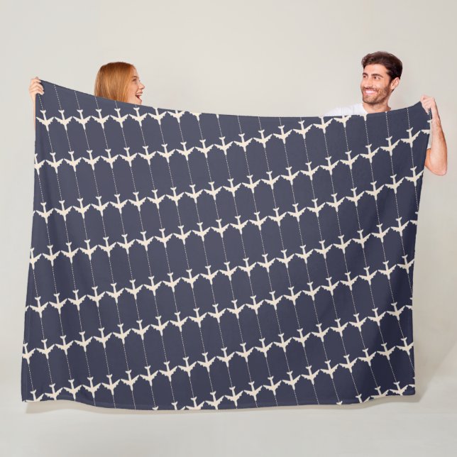 Small White Aeroplanes Pattern Allover Blue Fleece Blanket (In Situ)