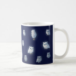 Small white owls on a dark blue background coffee mug