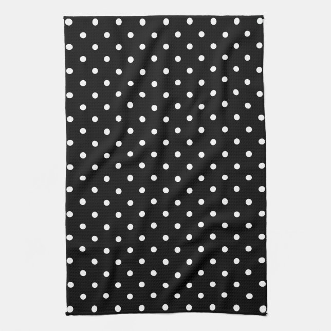 Small White Polka dots black background Tea Towel (Vertical)