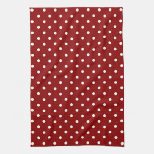 Small White Polka dots cherry red background Tea Towel