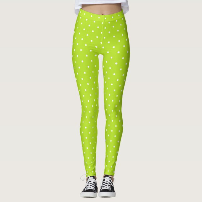 Small white polka dots on lime green leggings  (Front)