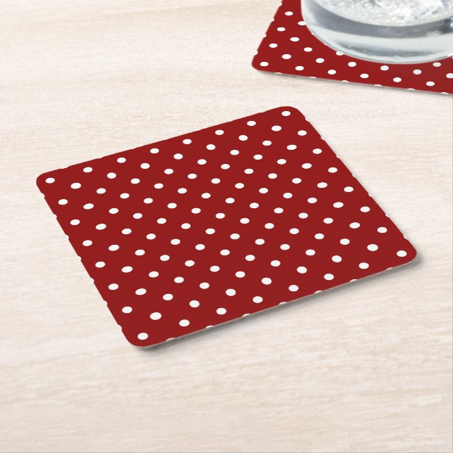 Small White Polka dots red background Square Paper Coaster (Angled)