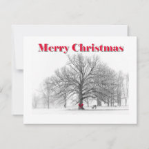Small Winter Scene Red Bow Christmas Card (Flat)