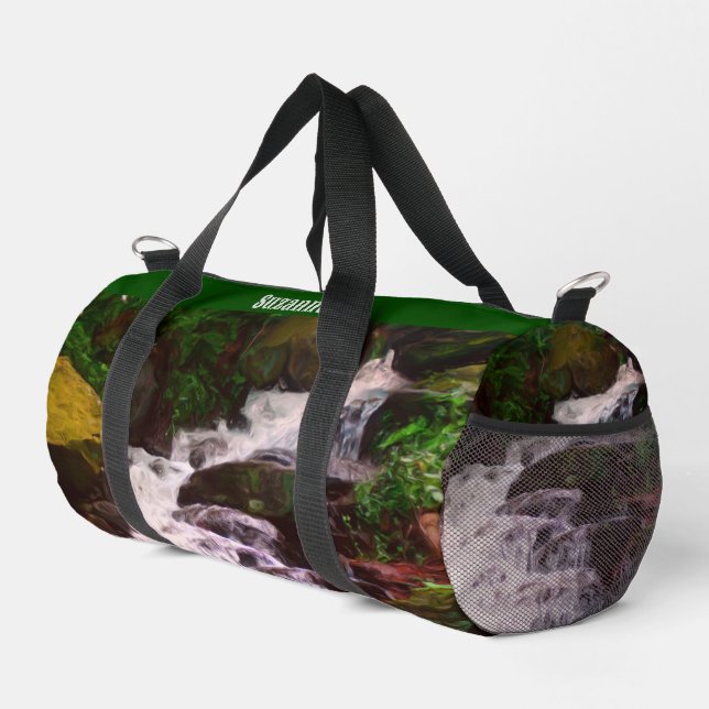 Small Woodland Waterfall Oil Painting Personalised Duffle Bag (Right Corner)