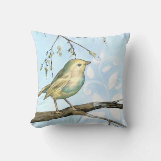 Small Yellow Bird Perched on a Branch Looking up Cushion (Front)