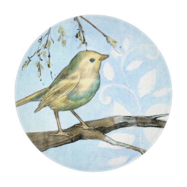 Small Yellow Bird Perched on a Branch Looking up Cutting Board (Front)