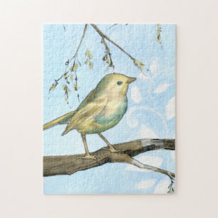Small Yellow Bird Perched on a Branch Looking up Jigsaw Puzzle