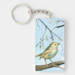 Small Yellow Bird Perched on a Branch Looking up Key Ring