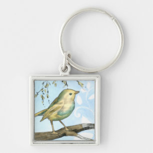 Small Yellow Bird Perched on a Branch Looking up Key Ring