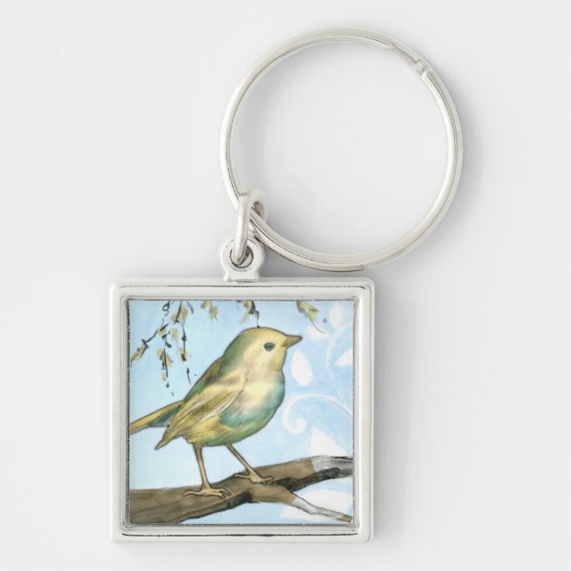 Small Yellow Bird Perched on a Branch Looking up Key Ring (Front)