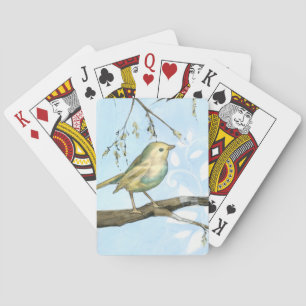 Small Yellow Bird Perched on a Branch Looking up Playing Cards