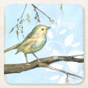 Small Yellow Bird Perched on a Branch Looking up Square Paper Coaster
