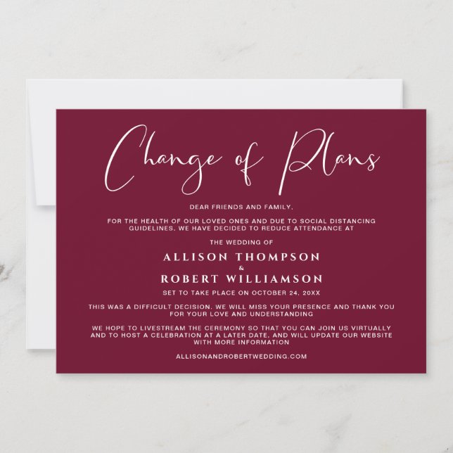 Smaller Downsized Wedding Change of Plans Burgundy Announcement (Front)