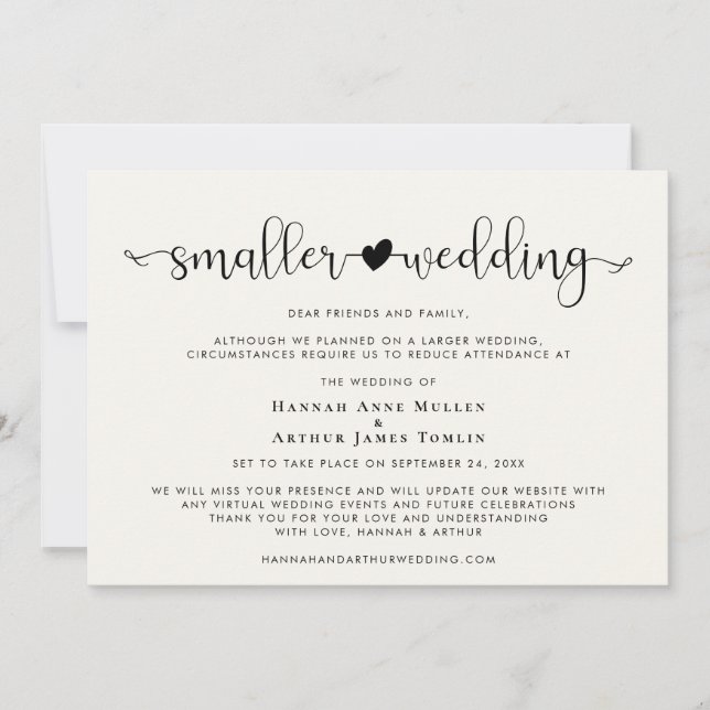 Smaller Wedding Change of Plans Heart Cream Announcement (Front)