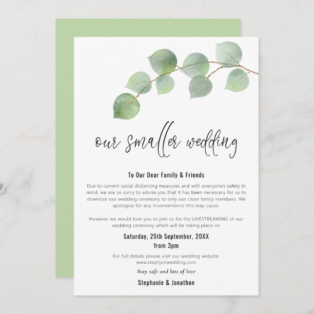 Smaller Wedding Downsize Modern Script Eucalyptus Announcement (Front/Back)