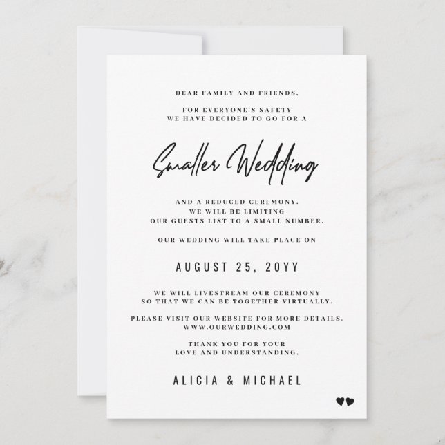 Smaller wedding modern minimal downsized ceremony announcement (Front)