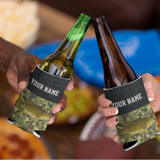 Smallmouth Bass Fishing Name Rugged Camo Can Cooler (Smallmouth Bass Fishing Camo Beverage Cooler)