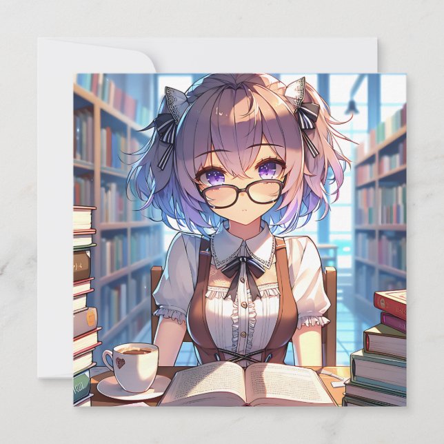Smart Anime Girl in Library Reading Books (Front)