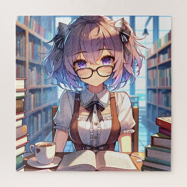 Smart Anime Girl in Library Reading Books Jigsaw Puzzle (Vertical)