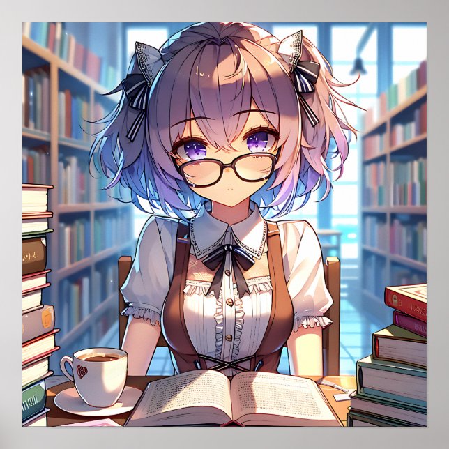 Smart Anime Girl in Library Reading Books Poster (Front)