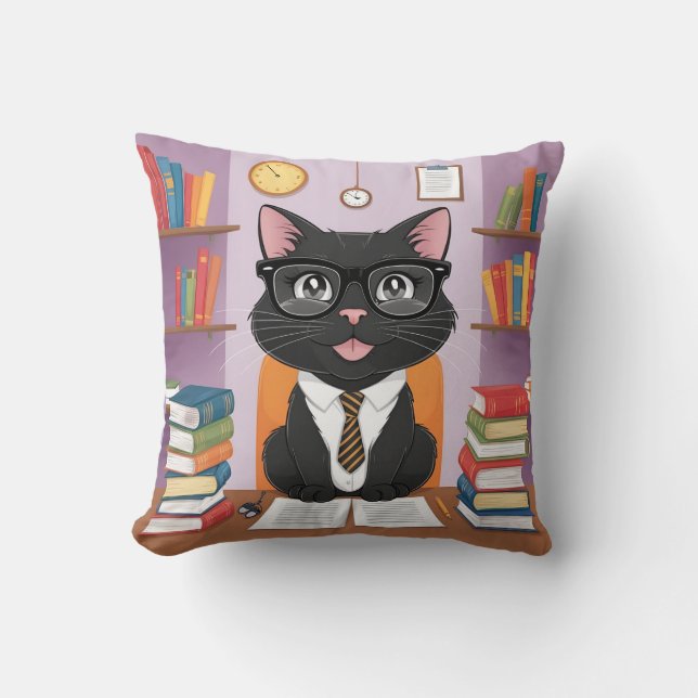 Smart Black  black cat and books with Glasses – Fu Cushion (Front)