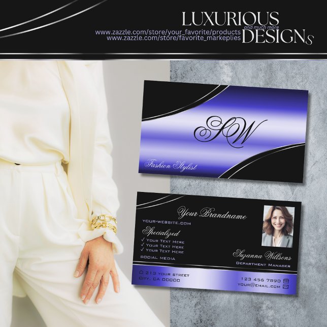 Smart Black Blue Curved Lines Monogram and Photo Business Card (Creator Uploaded)
