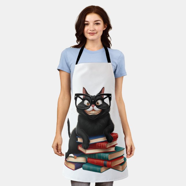 Smart Black Cat with Glasses – Funny Cartoon Apron (Worn)