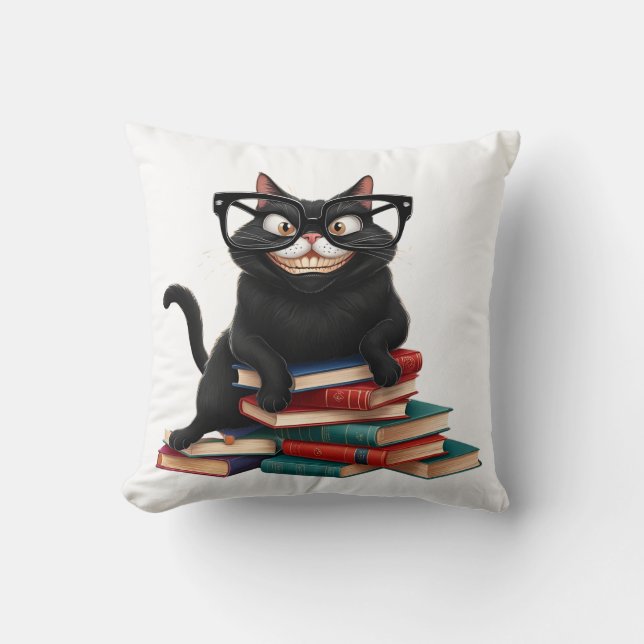  Smart Black Cat with Glasses – Funny Cartoon Cushion (Front)