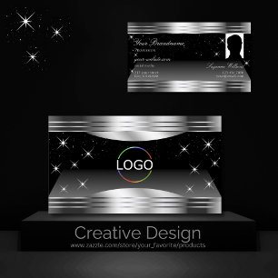 Smart Black Silver Shimmer Borders Logo and Photo Business Card