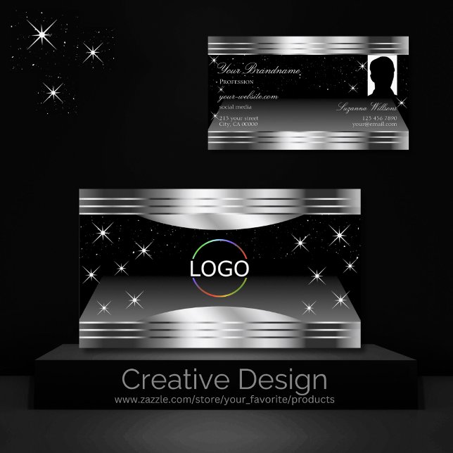Smart Black Silver Shimmer Borders Logo and Photo Business Card (Creator Uploaded)