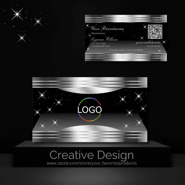 Silver Qr Code Logo Smart Black Silver Shimmer Borders Logo QR Code Business Card | Zazzle