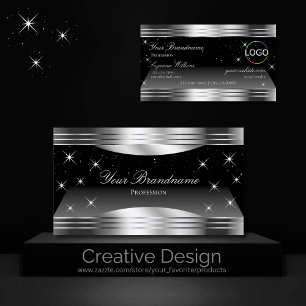 Smart Black Silver Shimmer Borders with Logo Chic Business Card
