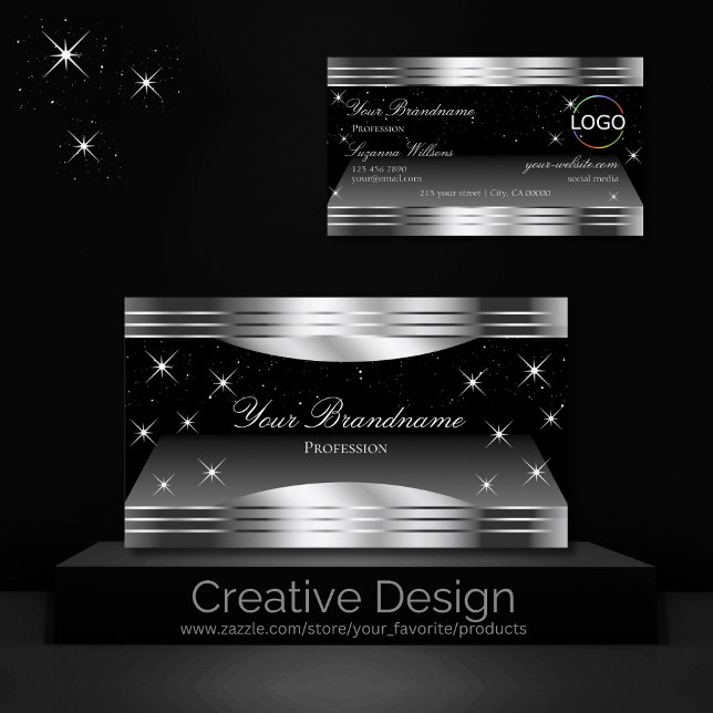 Smart Black Silver Shimmer Borders with Logo Chic Business Card (Creator Uploaded)