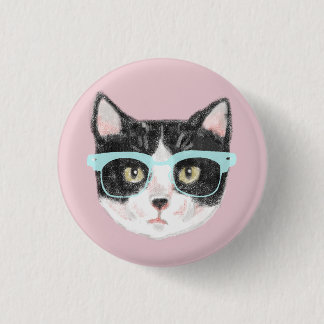 Smart Black & White Cat Wearing Glasses 3 Cm Round Badge