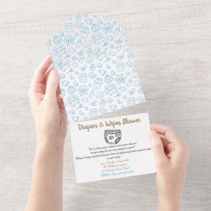 Smart Blue Check Diaper Boy Baby Shower Invitation