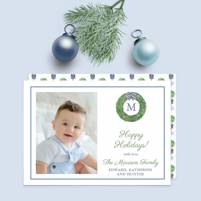 Smart Boxwood Wreath Monogram Picture Holiday Card (Preppy boxwood with blue and white bow family picture holidays card)