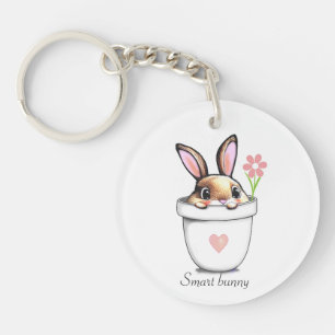 Smart Bunny in a Plant Pot with Flower & Heart Key Ring