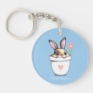 Smart Bunny with Flower & Heart on Light Blue Key Ring