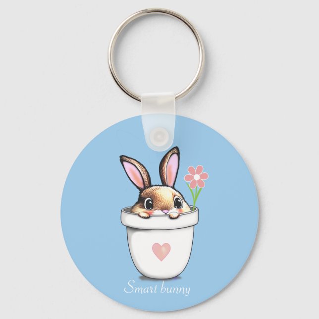 Smart Bunny with Flower & Heart on Light Blue Key Ring (Front)
