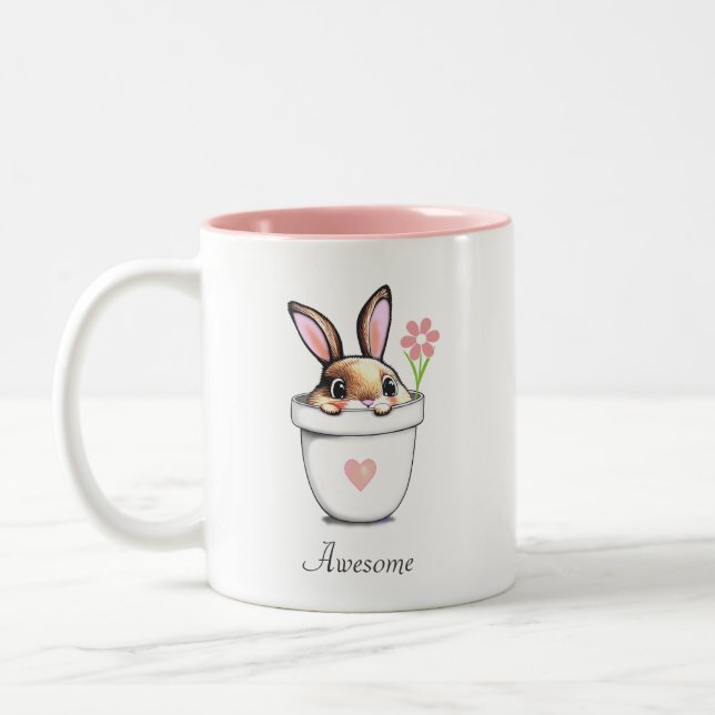Smart Bunny with Flower & Heart Two-Tone Coffee Mug (Left)