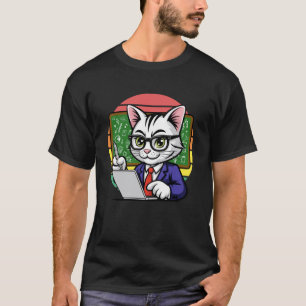 Smart Cat Teacher Studying Laptop Chalkboard Long T-Shirt