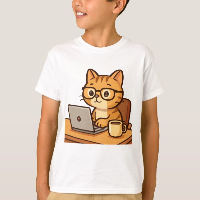 Smart Cat Working from Home Illustration T-Shirt (Front)